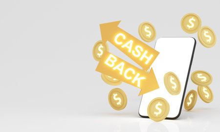 A smartphone with glowing "Cash Back" arrows surrounded by floating coins. This concept symbolizes financial rewards, digital spending, and smart savings in a digital age. 3d rendering.の写真素材
