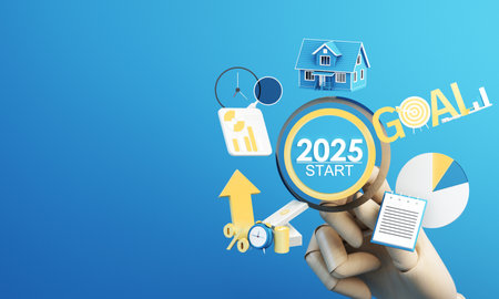 A robotic wooden hand points to a digital interface displaying "2025 START" surrounded by financial and real estate icons, symbolizing goal setting, planning, and future investments. 3d rendering.の写真素材
