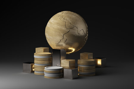 A golden globe resting on stacks of coins and metallic blocks, symbolizing economic stability, wealth, and financial globalization. Dark background enhances the luxury feel. 3d rendering.の写真素材