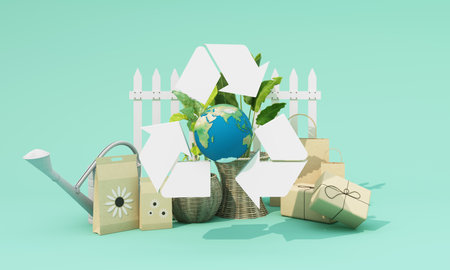 A floating recycling symbol encircles a small Earth, surrounded by biodegradable packaging and plants, symbolizing environmental consciousness and sustainability. 3d rendering.の写真素材