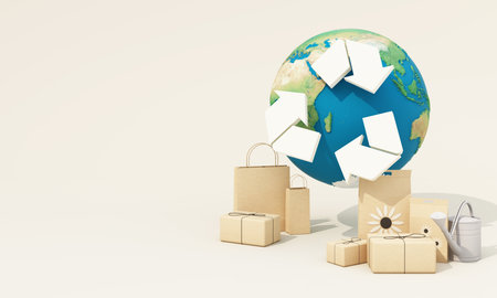 Earth with recycling arrows surrounded by eco-friendly packaging, emphasizing sustainable consumption and responsible waste management. 3d rendering.の写真素材