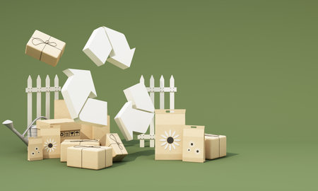 Floating recycling symbols above eco-friendly packaging, representing sustainability, waste reduction, and environmental responsibility in a green-themed composition. 3d renderingの写真素材