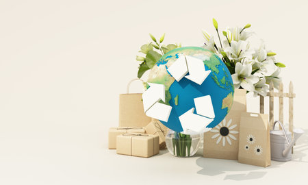 Earth with recycling arrows surrounded by eco-friendly packaging and white flowers, symbolizing a sustainable lifestyle and environmental responsibility. 3d rendering.の写真素材