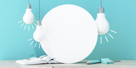 Three glowing light bulbs hanging above an open book, set on a wooden desk against a blue background, representing learning, innovation, and bright ideas. 3d rendering.の写真素材
