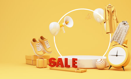 Floating fashion items and sale elements in a yellow-themed shopping concept. Shoes, coats, sweaters, and gifts surround a circular platform, highlighting a seasonal promotion. 3d rendering.の写真素材
