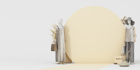 Minimalist fashion display with two mannequins in soft, neutral tones, accompanied by natural elements and eco-friendly packaging, emphasizing sustainable design. 3d rendering.の写真素材
