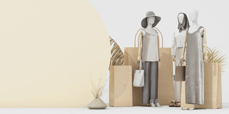 Stylish mannequins dressed in earthy, muted tones stand among paper shopping bags and dried plants, reflecting a modern, eco-conscious fashion aesthetic. 3d rendering.の写真素材