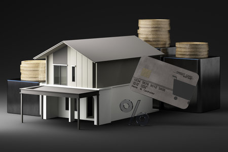 A house with coins, a credit card, and percentage symbols, depicting mortgage loans, home financing, and interest rates in the financial sector. 3d rendering.の写真素材