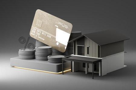 A house, stacks of coins, a credit card, and percentage signs illustrate financial management, debt, and digital banking in real estate. 3d rendering.の写真素材