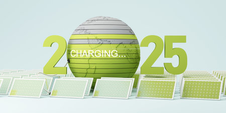 Renewable energy future with solar power, sustainable charging, and eco-friendly technology reducing carbon footprint for a greener 2025. 3d rendering.の写真素材