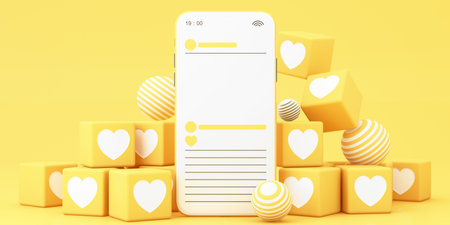 Minimalist social media interface on a smartphone screen, surrounded by floating heart icons and geometric shapes in a bright yellow theme. 3d rendering.の写真素材