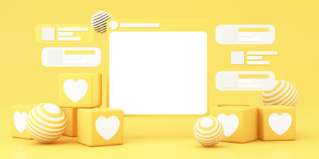 Abstract social media concept with a blank post frame, surrounded by chat bubbles and heart-shaped blocks in a modern yellow aesthetic. 3d rendering.の写真素材