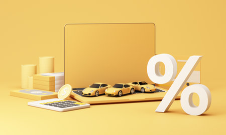 Three yellow sports cars placed on a laptop with financial elements, highlighting car loan and...