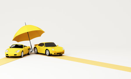 Two yellow sports cars under a large yellow umbrella, representing car insurance protection and financial security for vehicles. 3d rendering.の写真素材