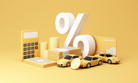 A financial scene with three yellow sports cars, a large percentage symbol, and financial elements, illustrating car insurance and loan calculations. 3d rendering.の写真素材