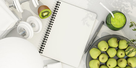 A top-down view of a fitness and nutrition setup with a blank notebook, green apples, kiwi, dumbbells, and a green smoothie, representing a healthy lifestyle. 3d rendering.の写真素材