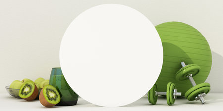 A fresh green-themed fitness scene featuring a white circular board, dumbbells, an exercise ball, and kiwi with a smoothie, emphasizing a balanced and healthy lifestyle. 3d rendering.の写真素材