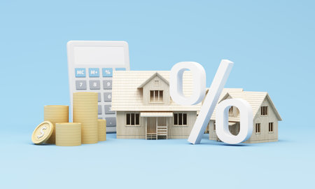 Calculator, house model, coins and percent symbol represent interest rates or mortgage concept on blue background. 3d rendering.の写真素材