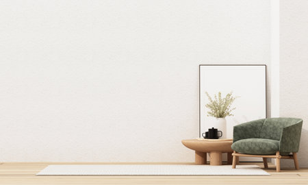 Green fabric lounge chair adds soft accent to a clean wooden setting with natural tones and gentle wall elements. Calm and modern look. 3d rendering.の写真素材