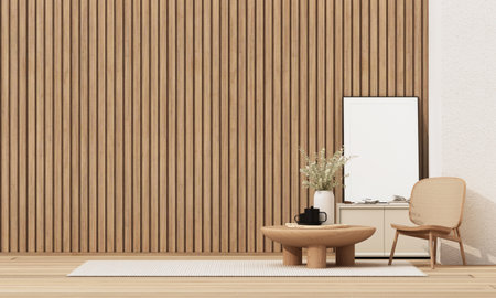 Wooden slat wall gives natural texture to cozy space with minimal decor and round table. Organic feel with simple, warm ambiance. 3d rendering.の写真素材