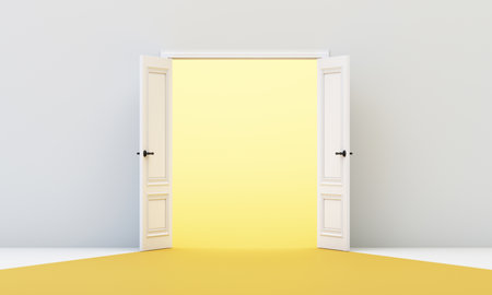 Symmetrical double doors opening to radiant yellow space, representing balance, openness, and embracing new possibilities. 3d rendering.の写真素材
