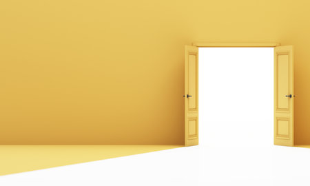 Twin yellow doors open wide to intense white light, symbolizing full transition and immersive journey toward new space. 3d rendering.の写真素材