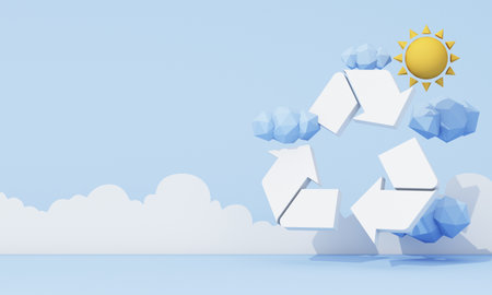 Recycling symbol floats in a low-poly sky with sun and clouds, blending nature with sustainability in a minimal, abstract environment. 3d rendering.の写真素材