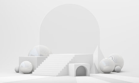 Grand display stage with arched tunnel and layered steps, perfect for high-end cosmetic product placement or branding visuals. 3d rendering.の写真素材
