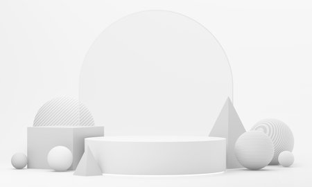 Minimal podium with modern geometric frame, suitable for showcasing elegant beauty items or skincare brand launches. 3d rendering.の写真素材