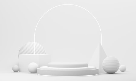 Clean white stage with abstract shapes and arch, made for high-end cosmetic or wellness product presentation. 3d rendering.の写真素材