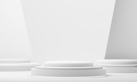 Three modern display podiums lit dramatically, perfect for presenting skincare, perfumes, or premium cosmetic collections. 3d rendering.の写真素材