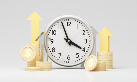Time and money growth symbolized by arrows, coins, and a house rising behind a clock, reflecting financial progress over time. 3d rendering.の写真素材