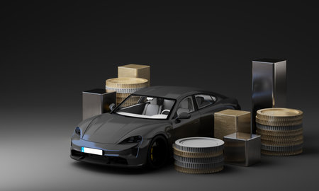 Coins and gold blocks surround a luxury vehicle, symbolizing financial planning, cost considerations, and wealth-driven car purchases. 3d rendering.の写真素材