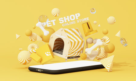 Modern pet shopping concept with smartphone in center and pet items surrounding it, emphasizing convenient mobile-based pet care solutions. 3d rendering.の写真素材
