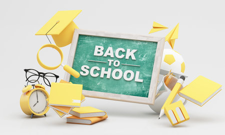 Back to School chalkboard surrounded by joyful cartoon school supplies, including glasses, books, and a soccer ball, highlighting the balance of learning and fun. 3d renderingの写真素材