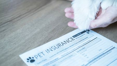A hand gently holding a puppyâs paw above a pet insurance document, symbolizing care, trust, and the bond between pet and owner in ensuring well-being and future security.の写真素材