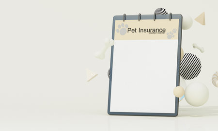 Soft pastel pet insurance theme with floating 3D elements, minimal clipboard, and calm layout for safe, gentle care. 3d rendering.の写真素材
