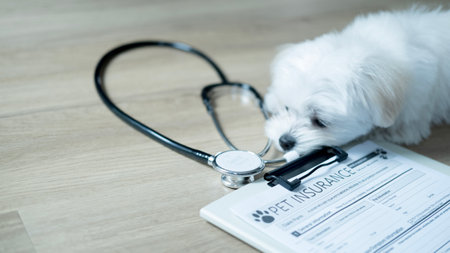 Maltese puppy sniffs a stethoscope placed on a pet insurance form, creating a charming scene focused on pet healthcare and veterinary coverage.の写真素材