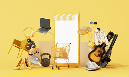 Mobile shopping platform concept with fashion, tech, and lifestyle goods surrounding a smartphone...