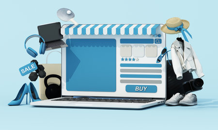 E-commerce interface concept in cool blue, displaying sale items, rating system, and purchase button. 3d rendering.の写真素材