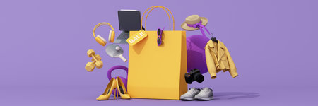 Bright yellow shopping bag pops on purple background with tech, fitness, and fashion items. 3d rendering.の写真素材