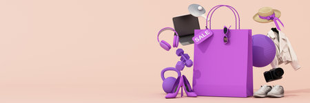 Purple shopping bag surrounded by lifestyle products and a sale tag on a soft pink background. 3d rendering.の写真素材