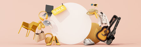 Yellow sale scene with circular white board and lifestyle products arranged for promotion. 3d rendering.の写真素材