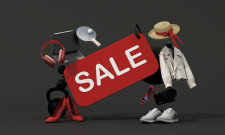 Creative sale concept with red tag and lifestyle products like fashion, tech, and fitness gear on dark background. 3d rendering.の写真素材