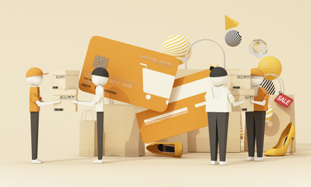 3D delivery scene with workers passing packages under giant credit cards and sale signs, reflecting...