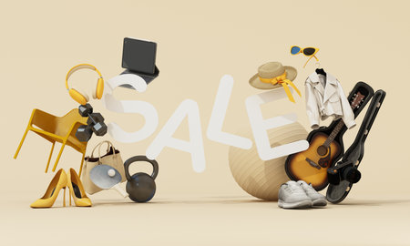 Modern lifestyle shopping concept with scattered fashion and tech items surrounding the word SALE. 3d rendering.の写真素材