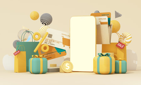 A digital shopping concept with credit cards, gift boxes, and a mobile phone surrounded by sale tags and percentage symbols.の写真素材