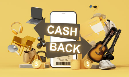 Digital cashback return with shopping goods, credit card, and large arrows around mobile screen and...