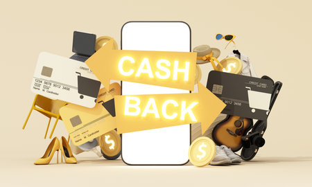 Mobile cashback concept with glowing arrows, credit cards, and online shopping elements in bright yellow tones. 3d renderingの写真素材