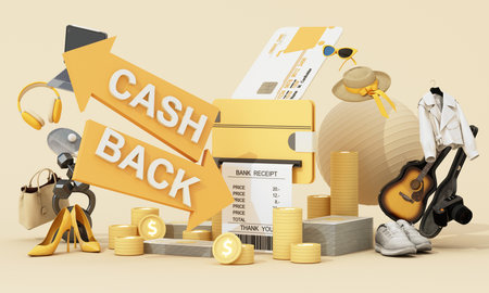Cashback scene with credit card reader, receipt, gold coins, and lifestyle products promoting savings and rewards. 3d renderingの写真素材